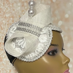 Beautiful White Lace Pearl Half Hat Fascinator for weddings, church, tea parties and special occasions