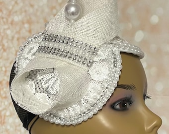 Beautiful White Lace Pearl Half Hat Fascinator for weddings, church, tea parties and special occasions