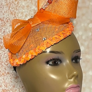 Orange Sinamay Teardrop Half Hat Fascinator for Church Head Covering, Wedding, Tea Party, Mother of the Bride, and Other Special Occasions