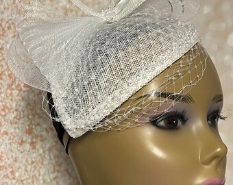 White Sinamay Teardrop Fascinator Half Hat for Church, Weddings and other special occasions