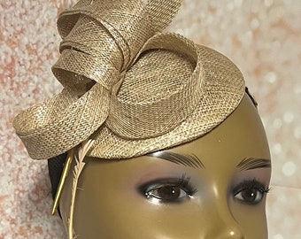 Gold Sinamay Small Button Fascinator Half Hat for church, weddings, tea parties and other special occasions