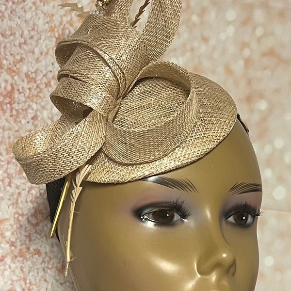 Gold Sinamay Small Button Fascinator Half Hat for church, weddings, tea parties and other special occasions