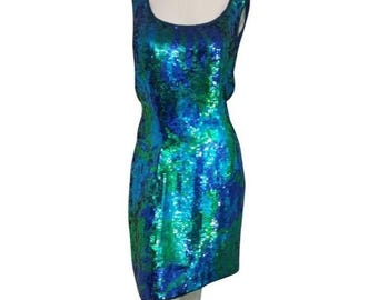 Vintage Sean Sequined/Beaded Dress Sz XL Blue & Green Dazzling Homecoming Prom