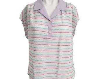 Marty Gutmacher Vintage 70s Blue White Collared Blouse Sz Medium Womens Open Knit Sheer Retro Pastels
