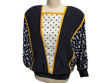 Vintage Jo Hardin Polka Dot Wide Shoulder Blouse Sz 14, Women's Retro Sailor Style Lapel Shirt