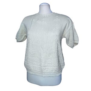 Carriage Court Vintage100% Cotton White Short-Sleeve Knit Sweater Sz Large Womens Made In USA