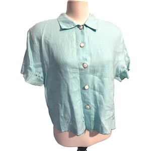 Uniform by John Paul Richard Vintage Linen Cropped Button Down Blouse Sz Medium Womens Baby Blue