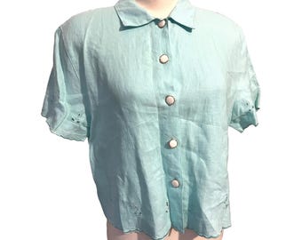 Uniform by John Paul Richard Vintage Linen Cropped Button Down Blouse Sz Medium Womens Baby Blue