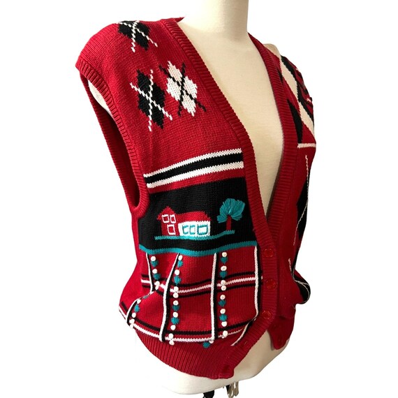 Vintage Cottage Core Knit Vest Red With House Sz Large Vintage Cottage Core Knit Vest Red With House Sz Large