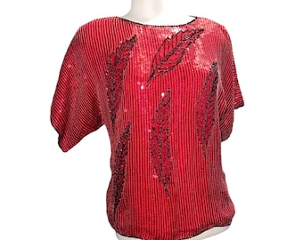 Vintage Jean For Le Bon Red Sequin Beaded Top Medium Pure Silk Short Sleeve Womens Blouse