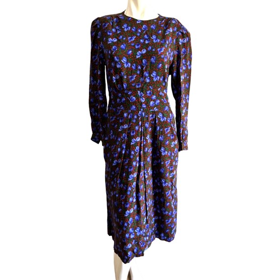 Vintage Floral Dress Sz Small Green & Blue 3/4 Sl… - image 1