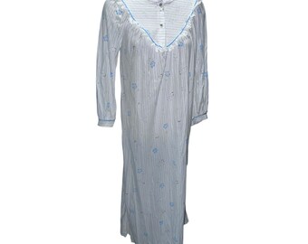 Vintage Katz Womens Long Nightgown With Lace Trim & Floral Stripes Button-Up Front Size Small