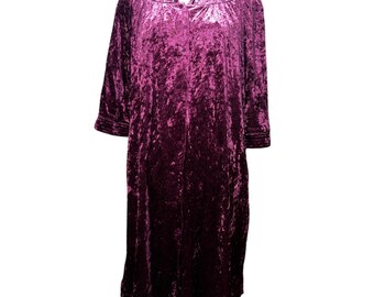 Vintage Purple Velvet Velour Long Sleeve V Neck Button Front Night Gown with Pockets Sz M Womens