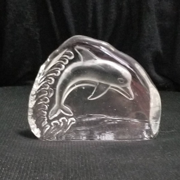 Engraved Dolphin Paperweight with Dolphin Splashing in Waves and Die Cut to Scene