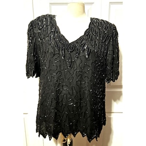 Vintage Silk Black Beaded Sequin Blouse by Laurence Kazar Sz 2XL Womens Short Sleeves