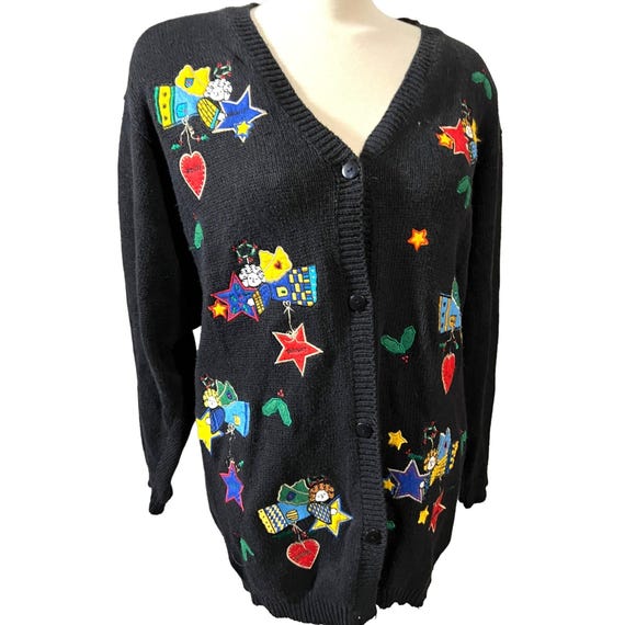 Vintage Cottagecore Embroidered Angel Cardigan Sz M Womens by The Quacker Factory Black Fun Sweater