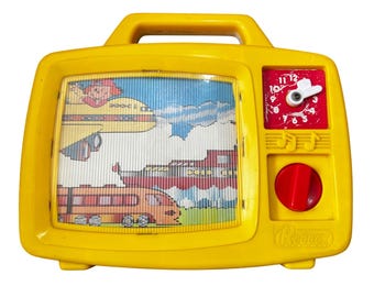 Vintage Redbox Moving Picture Music Box with Handle 1985 Yellow with Clock