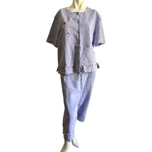 Vintage Koret Linen Blend Floral Pant Suit Sz Large Womens Purple Button Front Shirt with Capris