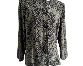 Vintage Sag Harbor Animal Print Blazer Cardigan Sz 16 (XL) Womens Olive Green Black 3/4 Sleeve