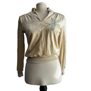 Vintage 70&#39;s Sultra Terry Cloth Velour Collared Blouse Long Sleeve Sz L Womens Yellow