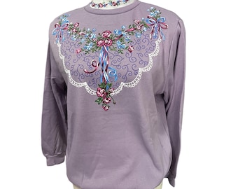 Vintage Mock Neck Floral Sweatshirt by Blair Sz Medium Womens Lilac Purple Long Sleeve Sweater