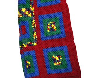 Vintage Granny Squares Geometric Handmade Afghan 86" x 46" Red, Green, Blue, Yellow, Orange