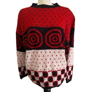 Vintage Geometric Sweater by Alberoy Sz Large Womens Red, White, & Black with Checkers Long Sleeve