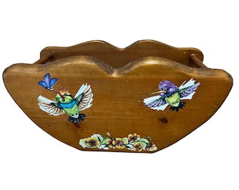 Vintage Wooden Hummingbird Napkin Utensil Holder with Flowers
