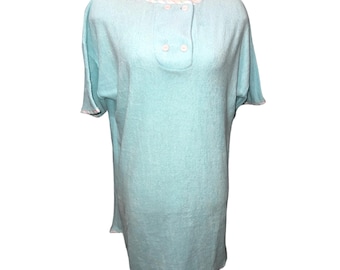 Vintage Terrycloth Short Sleeve Button Collar 70's Nightgown with Rainbow Piping Sz Small Womens Blue
