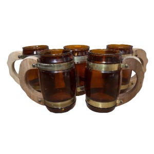 Set of 5 Vintage 1960s Siesta Ware Amber Glass Barware Barrel Mugs w/ Wooden Handle