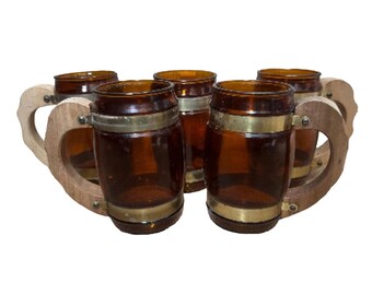 Set of 5 Vintage 1960s Siesta Ware Amber Glass Barware Barrel Mugs w/ Wooden Handle