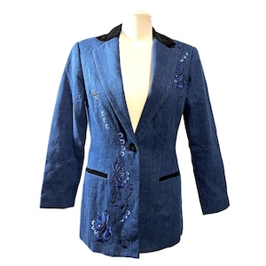 Vintage Coldwater Creek Velvet Embroidered Denim Blazer Sz 4 Petite Blue Black