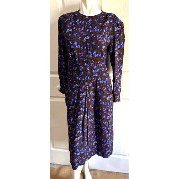 Vintage Floral Dress Sz Small Green & Blue 3/4 Sl… - image 6