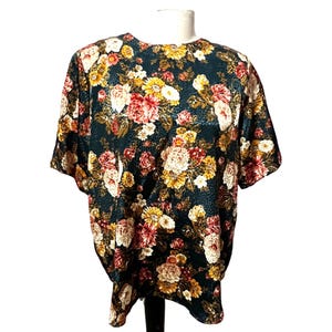 Vintage Shiny Floral Blouse by Notations Sz 16 Plus Womens Shirt Green Short Sleeve