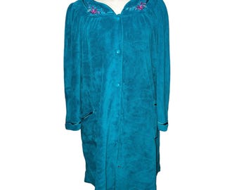 Vintage Rebecca Malone Blue Velour Floral Embroidered Sleep Nightgown Robe Sz XL Womens Blue