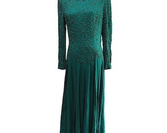 Sarah Elizabeth Vintage  Beaded Teal Green Round Neck Dress Sz 14 (Large) Womens Pleated Skirt