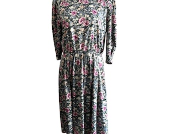 Vestido midi floral vintage para mujer, talla 16 (XL), de Tabby, color verde brillante y morado, manga 3/4