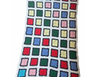 Vintage Granny Squares Handmade Afghan 54" x 35" Pink, White, Black, Yellow, & Green