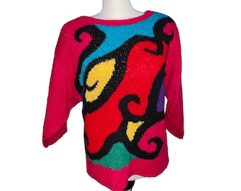 Vintage Beldoch Popper Geometric Colorful 80's Knit Sweater Sz L Womens Long Sleeve Round Neck