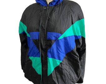 Vintage Turnpoint Abstract Windbreaker Jacket Sz Large Mens Black Green Blue Long Sleeve