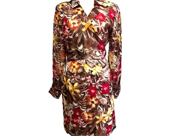 Vintage Selene Sport Floral Wrap Dress Sz Large Brown Long Sleeve