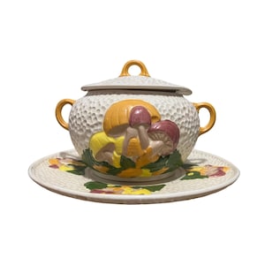 Puede incluir: Una sopera de cerámica blanca con tapa, asas y un platillo a juego. La sopera y el platillo están decorados con un patrón texturizado y un diseño de setas de colores. Las asas y el asa de la tapa son amarillas.