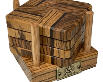 Exotic Tiger & Wenge End Grain Luxury Wood, Coffee Coasters, Beer Coasters, Set of 4 with Base, Perfect Holiday Gift, *includes gift box