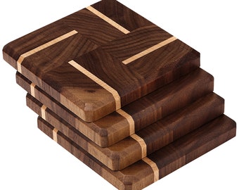 Walnut & Maple End Grain Luxury Wood Coasters, Coffee Coasters, Beer Coasters, Set of 4, Perfect Holiday Gift, *includes gift box