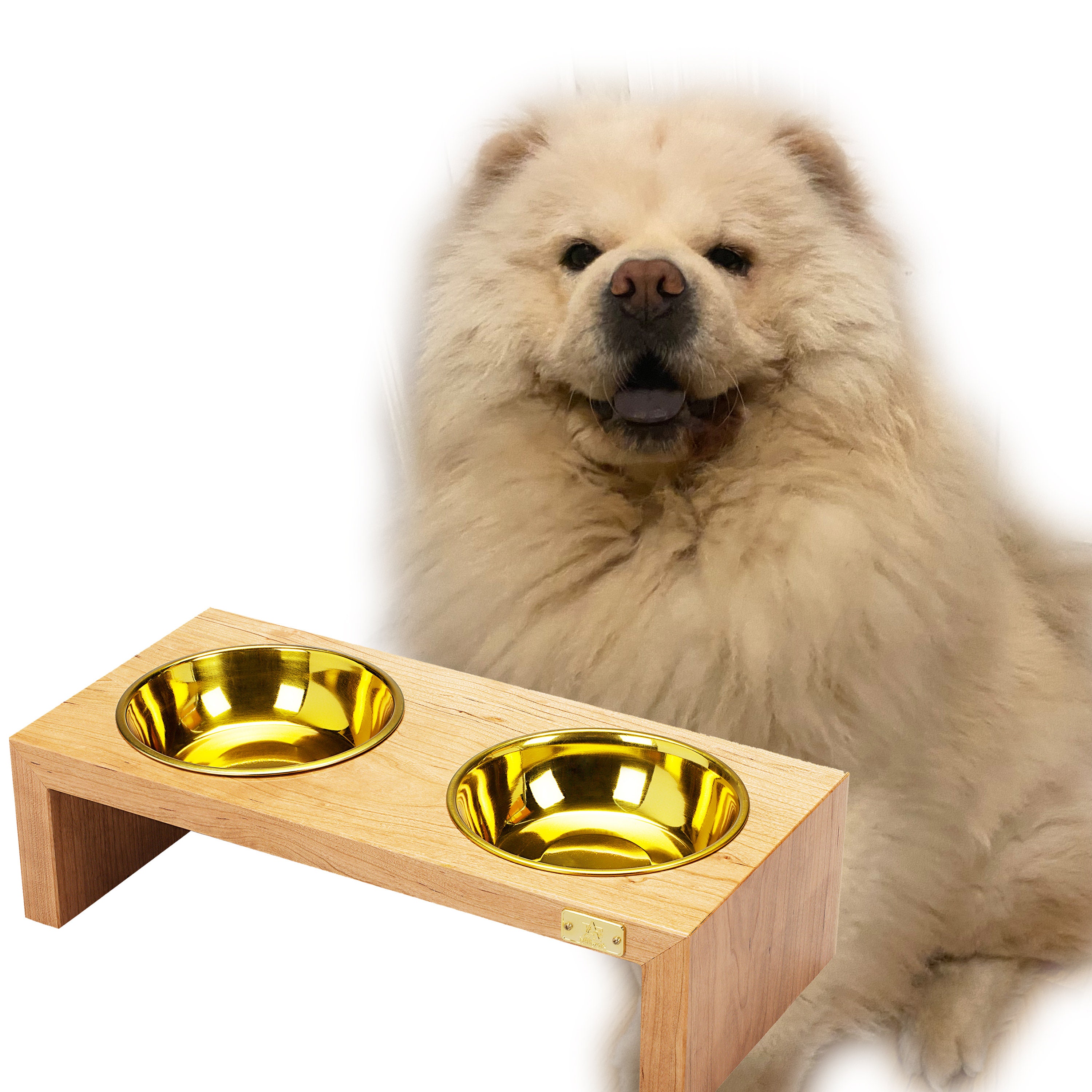 Luxury Pet Double Feeder Gold Bowls Cherry Solid Wood Station Small Made in the USA