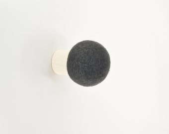 Gray wool hook; handmade wall hook; Shadow dark grey colored wall decor; modern coat rack; hat hangar; gray knob; minimalist decor;