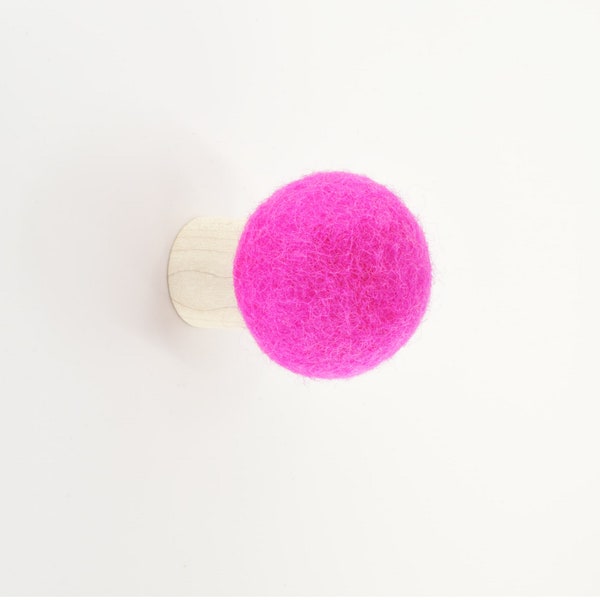 Electric pink wall hook; decorative wall hook; minimalist and modern wall hook; wool and wood round hook for wall; hat hook; coat hook