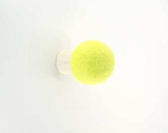 Tennis yellow wall hook; decorative wall hook; minimalist and modern wall hook; wool and wood round hook for wall; hat hook; coat hook