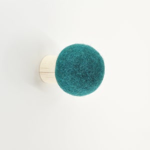 Handmade hook; Peacock green wall decor; colorful hook; modern wall hook; wool and wood round hook for wall; towel hook; coat rack