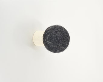 Char black wall hook; decorative wall hook; minimalist and modern wall hook; wool and wood round hook for wall; hat hook; coat hook